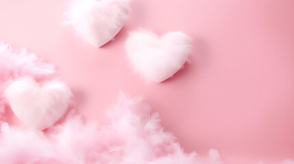 Valentine's day greeting card background.Pastel pink hearts decorated with feathers on a pink background with copy space. View from the top of Vadentinka. Valentine's Day concept template for text.