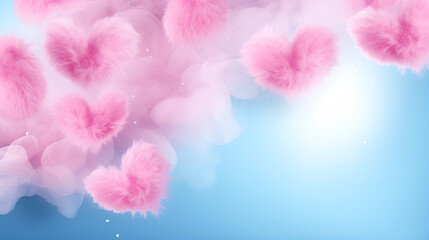 Valentine's day greeting card background. Pastel Pink fur hearts on a light blue background with haze and copy space. Valentine's card. Valentine's Day concept template for text.