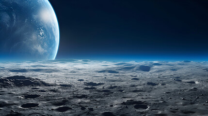 View from the surface of the Moon to the blue planet earth. Copy space. Lunar landscape. craters on the surface of the moon and a view of the earth