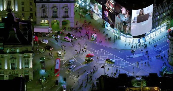 
Great Aerial View of London Piccadilly Circus, United Kingdom. Famous Video Display with videos Included in my Portfolio.  Regent Street and Shaftesbury Ave, Full of People and Traffic. 