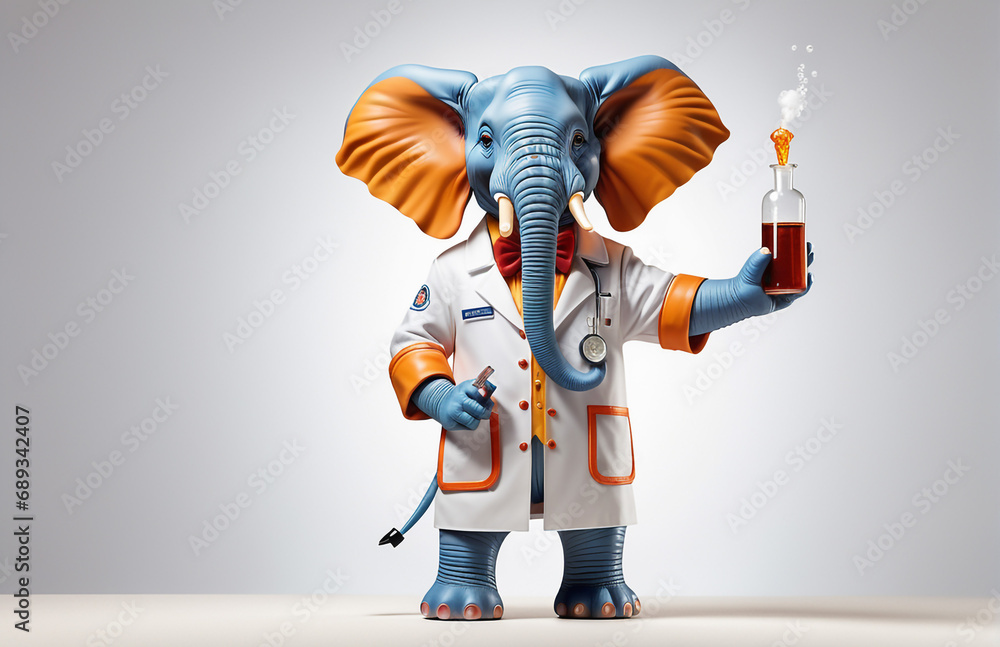 Wall mural anthropomorphic caricature elephant wearing a chemistry clothing with chemical tools