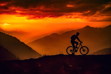 Mountain sunset ride, Silhouette of a cyclist against the evening sky a breathtaking stock photo capturing the adventurous spirit of twilight cycling.
