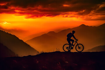 Obraz premium Mountain sunset ride, Silhouette of a cyclist against the evening sky a breathtaking stock photo capturing the adventurous spirit of twilight cycling.