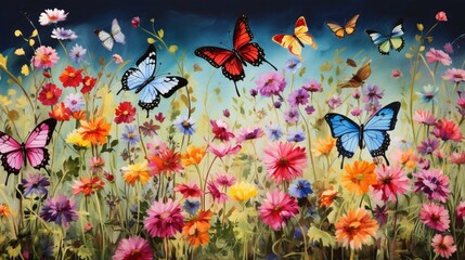 A group of colorful butterflies fluttering around a patch of wildflowers.