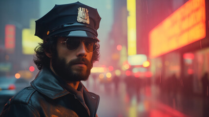 Gritty 1970's NYPD police officer. A million crime stories in the big apple NYC. In the style of a panoramic movie still. - obrazy, fototapety, plakaty