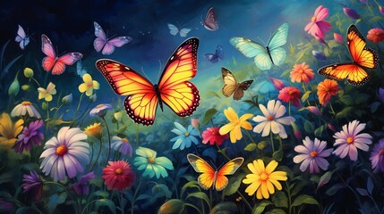 A group of colorful butterflies fluttering around a patch of wildflowers.