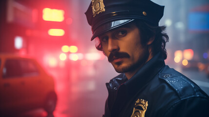 Gritty 1970's NYPD police officer. A million crime stories in the big apple NYC. In the style of a panoramic movie still. - obrazy, fototapety, plakaty