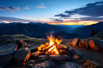 camp fire at sunset, camp fire in the mountains, 