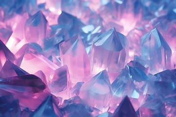 Sparkling background of glowing pink and blue gemstones crystals emitting light refractions exemplifying color theory photography principles - obrazy, fototapety, plakaty