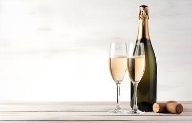 Champagne bottle and glasses lying on white wooden table soft light
