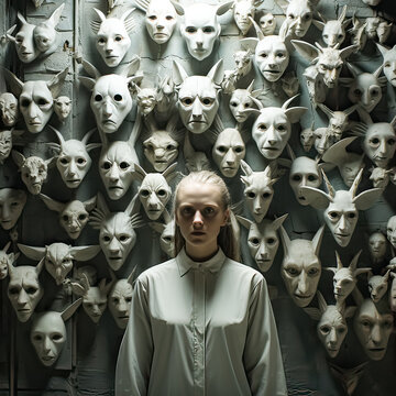 Unique Charm. Portrait Of An Albino Girl Against A Wall Of Skulls Is A Stock Photography That Combines Individuality With A Touch Of Edgy Mysticism.