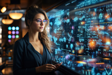 Modern workspace, Girl by interactive whiteboard an engaging stock photo capturing the dynamic blend of technology and collaboration in office settings.