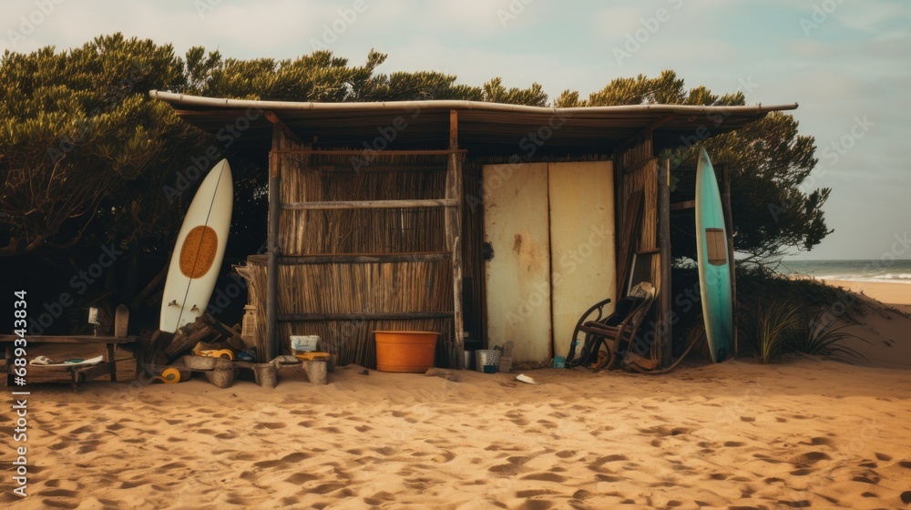 Canvas Prints a small cabin is sitting on the shore with surfboards underneath,