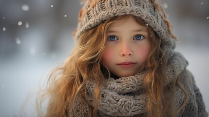 A little girl, bundled up in a scarf, stands in a snowy landscape.
