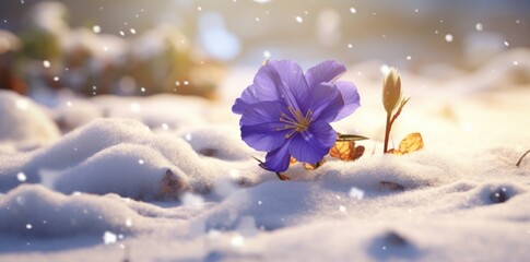 a snow scene with a purple flower is covered in snow,