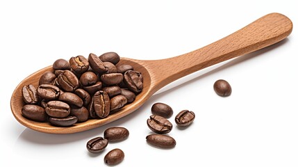 Obraz premium A spoon holding coffee beans on a white background.