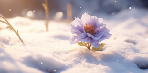 a snow scene with a purple flower is covered in snow,