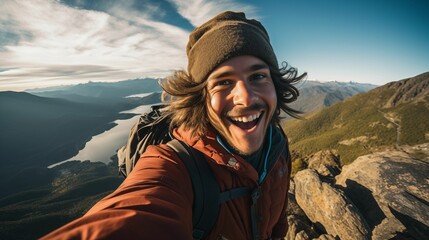 A tourist taking a selfie on top of a mountain.