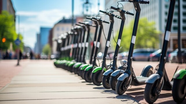 A row of electric scooters neatly lined up, ready for rent.