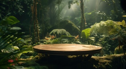 a table sitting next to foliage in a tropical forest,