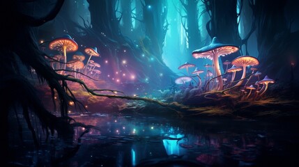 A misty forest with bioluminescent mushrooms casting an ethereal glow