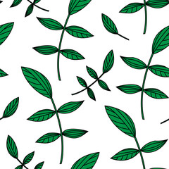 Seamless pattern with green leaves.
Seamless floral pattern on transparent background. Delicately outlined green leaves. Isolated elements.