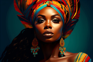 African woman elegantly adorned in a traditional headdress, Black History Month - obrazy, fototapety, plakaty