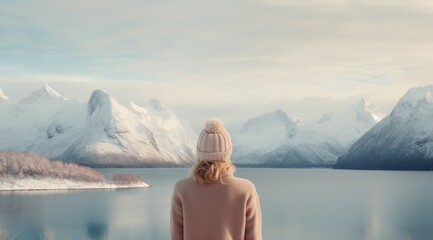 Fototapeta premium a woman looking towards the mountains and lake,