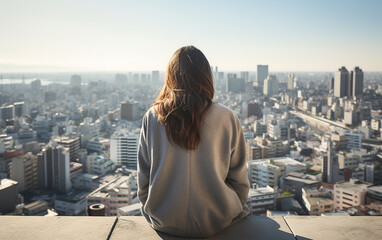 Back view shot a young brunette girl in a light jacket sits on the roof of a high-rise building overlooking the city.