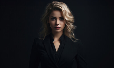 a woman poses in a business suit against a dark background,