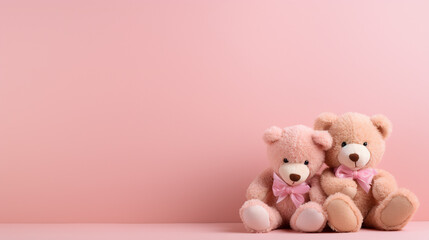 Two cute fluffy teddy bears boy and girl sitting hugging each other on pink background. Valentine...