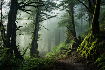 Obraz premium misty morning in the forest, morning in the woods, morning in the forest, Beautiful Sunset Sunrise Sun Sunshine In Sunny Summer Coniferous Forest. Sunlight Sunbeams Through Woods In Forest Landscape. 