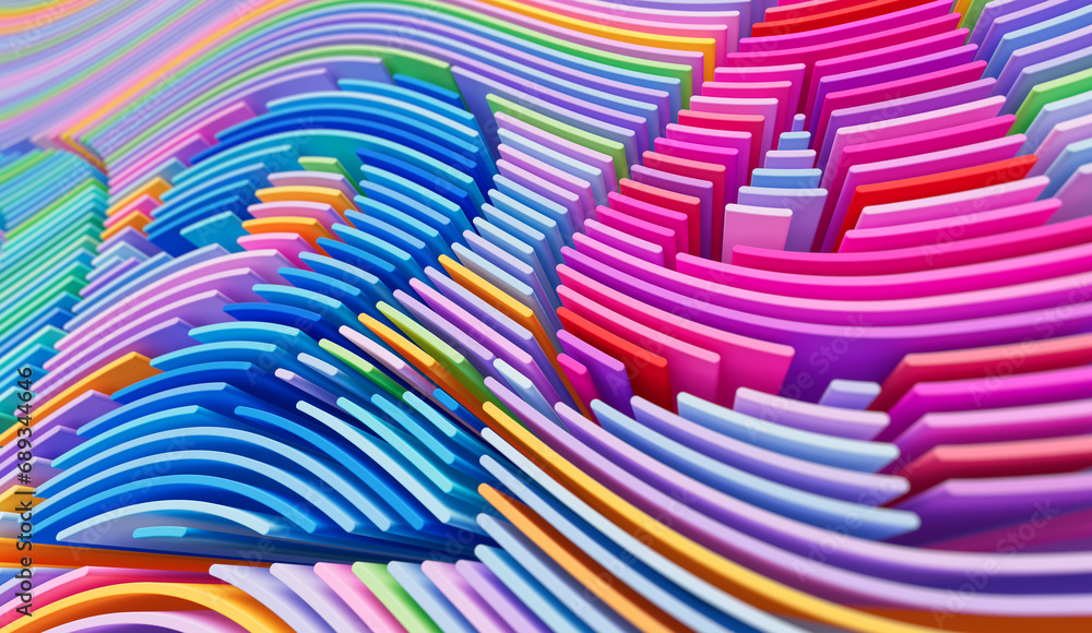 Aufkleber 3d render abstract background of smooth lines of spline figures 2024 multicolor waves with dof