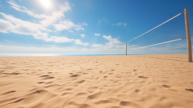 An empty beach volleyball court bathed in soft sunlight.