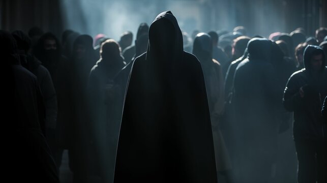 An image of a busy city street and a mysterious figure in a hooded cloak.