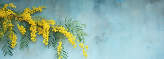 a yellow mimosa with green leaves growing up on a blue wall,