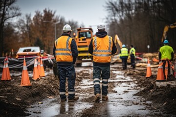 Builders and surveyors with machinery and warning signs during road construction - obrazy, fototapety, plakaty