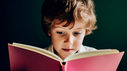 Cute kindergarten boy reading a book. Reading learning homeschooling home education illiteracy...