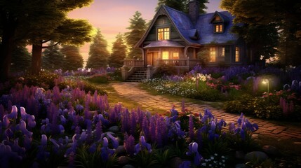 A quaint cottage nestled among a field of vibrant purple irises.