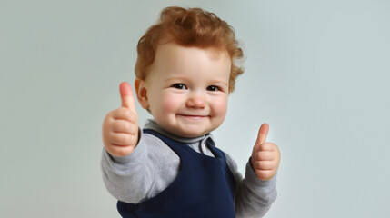 Cute cheerful smiling toddler boy with red curly hair holding his hand with thumb up in approving gesture. Creative banner for different concepts