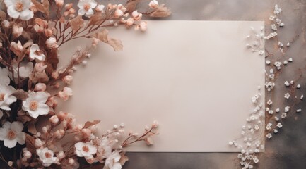 an empty paper with white flowers for wedding invitation or blank paper on gray background,