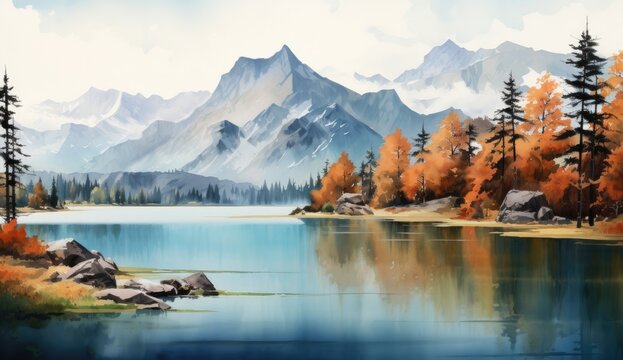 an autumn watercolor painting of a lake and mountains,