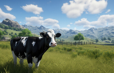 Fototapeta na wymiar black and white cow in green field with mountains,
