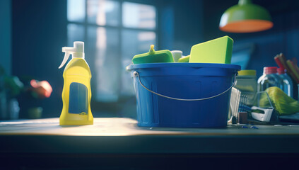 blue bucket of clean cleaning products on the table, - obrazy, fototapety, plakaty
