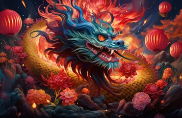 chinese dragon and red lanterns with fireworks in the background,
