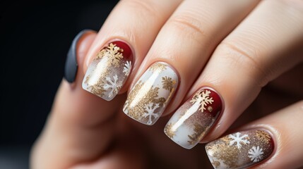 Close-up of festive Christmas manicure.