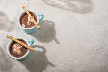 Hot cocoa in light blue and white enamel mugs with marshmallows and cookies
