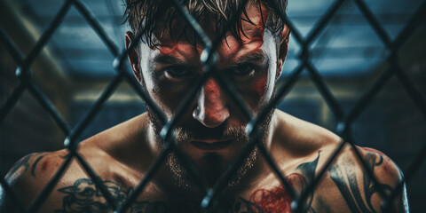 sportsman mma mixed martial arts fighter, octagon grid. ai generative - obrazy, fototapety, plakaty