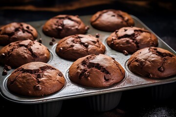 Freshly baked chocolate muffins on a metal tray. Aromatic, homemade treats ready to enjoy
