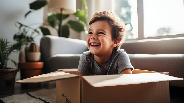 kid helping open boxes in their new home, The concept of moving